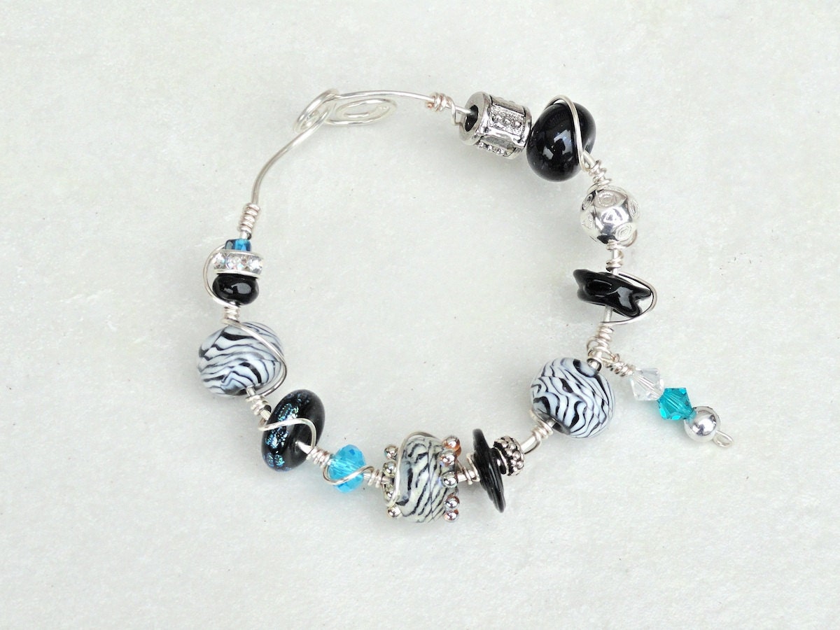 Black and White and Blue Zebra Striped Lampwork Bead Wire Wrapped Bracelet