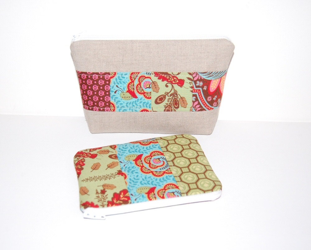 Cosmetic Zipper Pouch Set of 2 - Linen and Patchwork Tula Pink Flutterby Makeup Bag