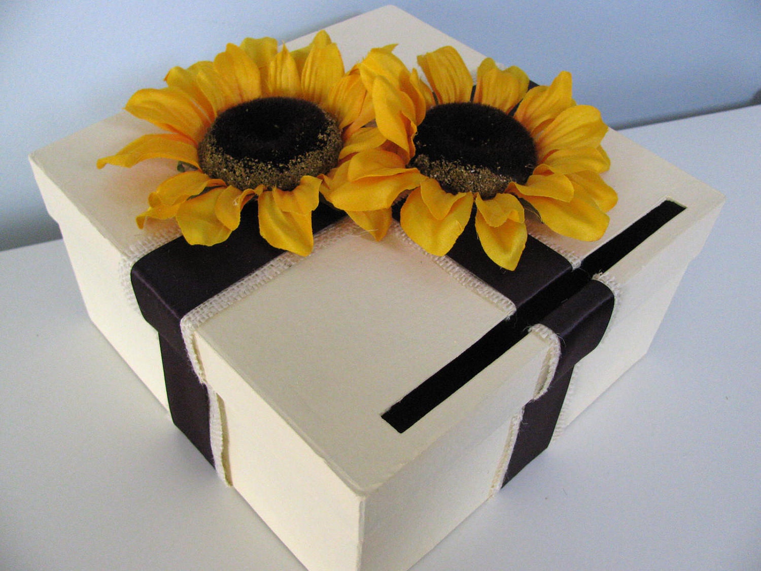 Can Customize Flowers and Colors - Ivory Wedding Card Box-Shown with layered Burlap, Eggplant Ribbon and Large Yellow Sunflowers