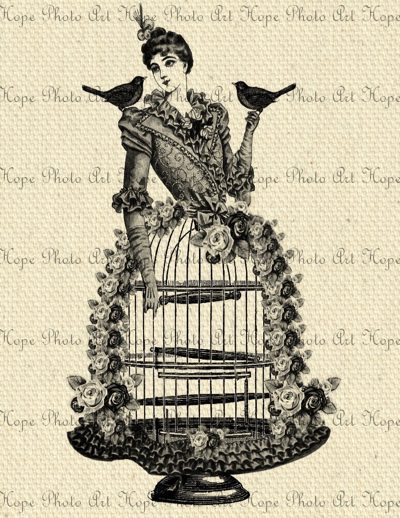 Victorian Birdcage Lady Steampunk - Image Transfer Burlap Feed Sacks Canvas Pillows Tea Towels - U Print JPG 300 dpi
