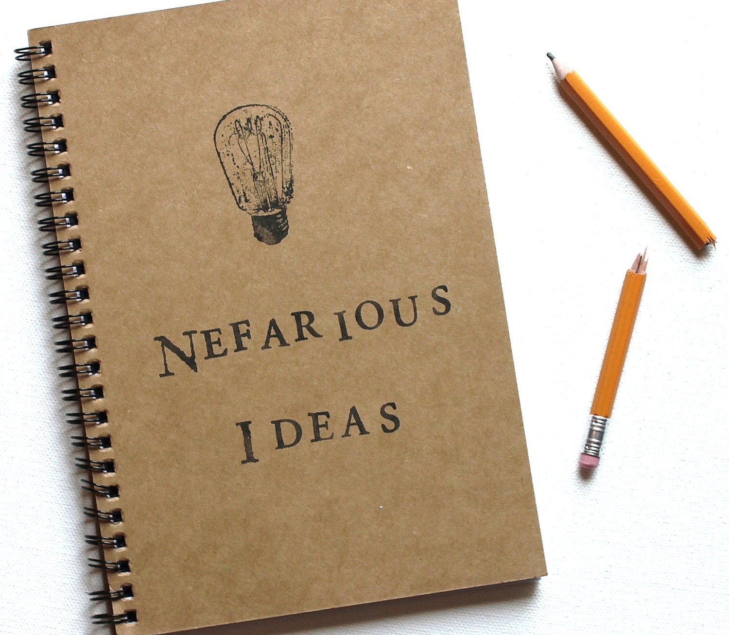 Nefarious Ideas hand stamped notebook spiral journal