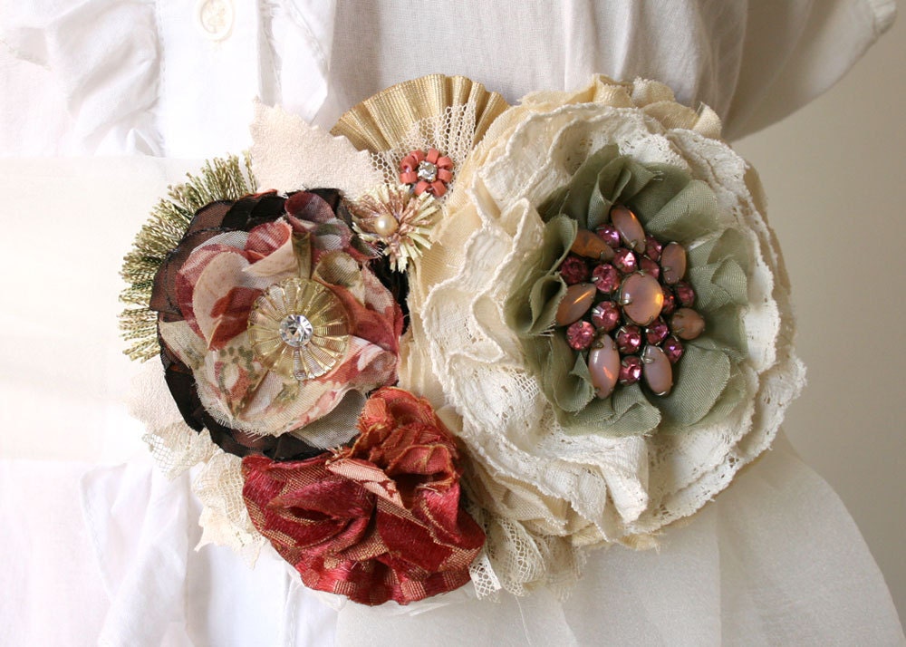Winter Wedding Floral Sash Belt in Rose Red, Sage Green, Warm White, Cream