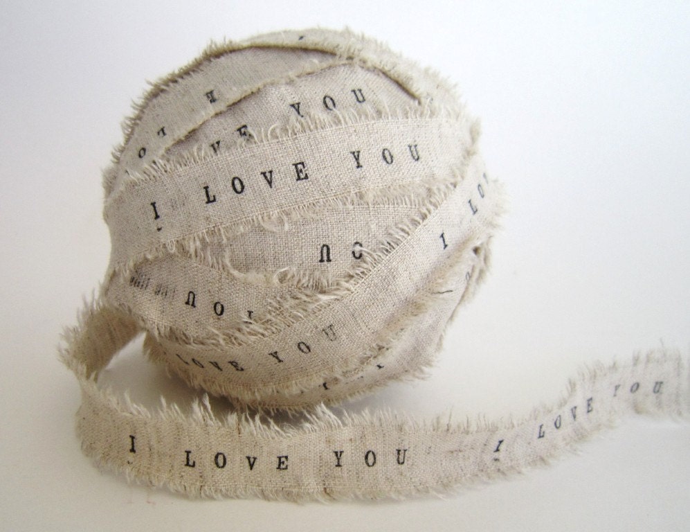 Personalized Ribbon - 4 YARDS - I Love You linen fabric Ribbon personalize wedding decor favor gift wrapping personalize Autumn love
