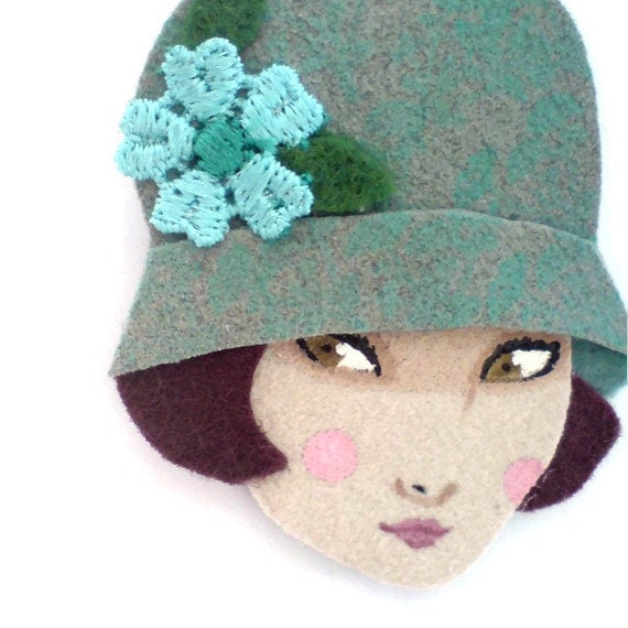 Fabric brooch - Emma,  Art deco flapper girl, Autumn, sage, light blue, chocolate brown