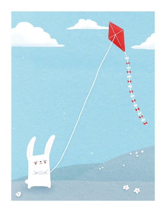 bunny nursery art. blue, white red. rabbit flies a kite. 8.5 x 11 art print for kids / baby