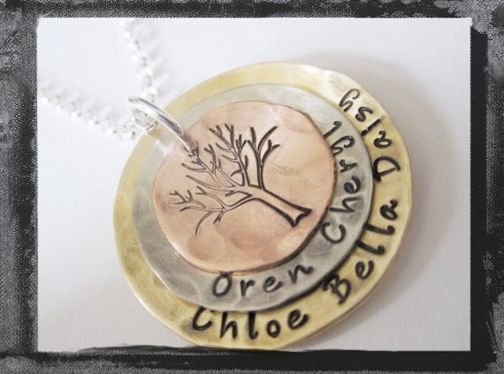 Hammered and Textured Stacked Mixed Metal Pendant Family Tree Necklace