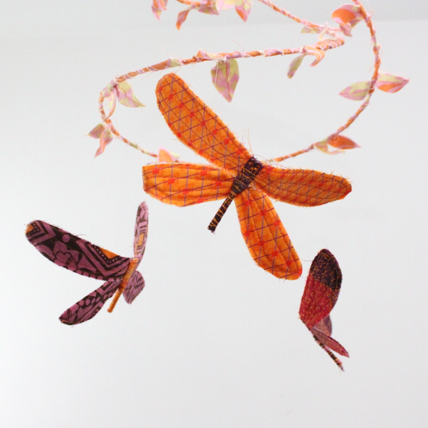 3 dragonflies dream of spring - fabric mobile in peach, orange, crimson red, pink, and purple