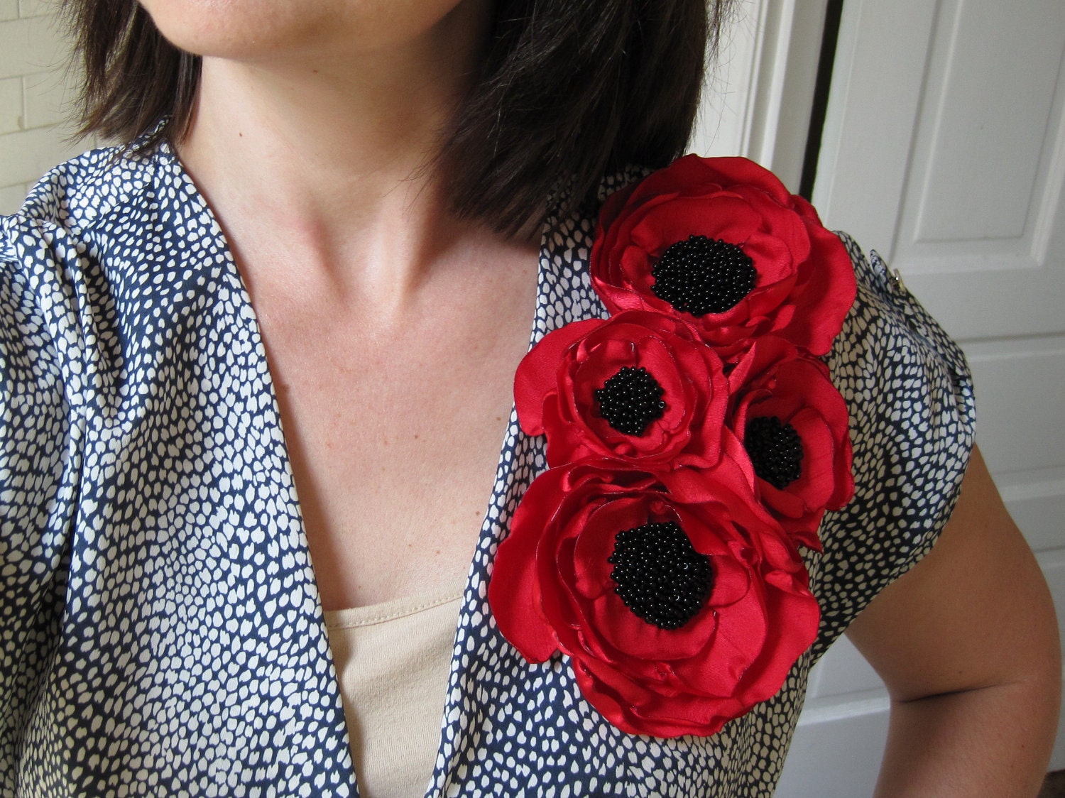 fabric flower brooch corsage in bright red shantung with  beading - Made To Order - POPPY