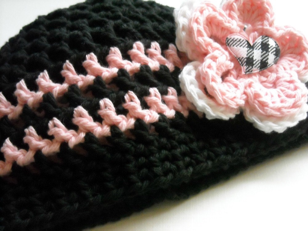 Black and Pink Crochet Beanie Hat with Flowers  Any Size