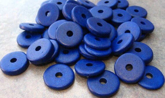 25 Mykonos Greek Ceramic Beads - COBALT BLUE 13mm Round Disk Beads