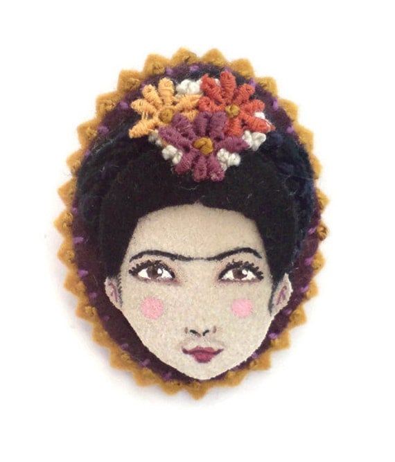 Felt cameo brooch, Frida Kahlo, woman face