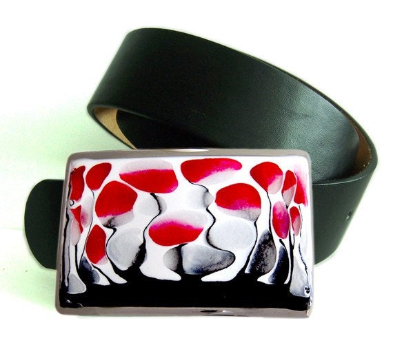 Belt Buckle Hand Painted Red Black and White Blossom Silver Belt Buckle  with a Glossy Enamel Finish, Customizable