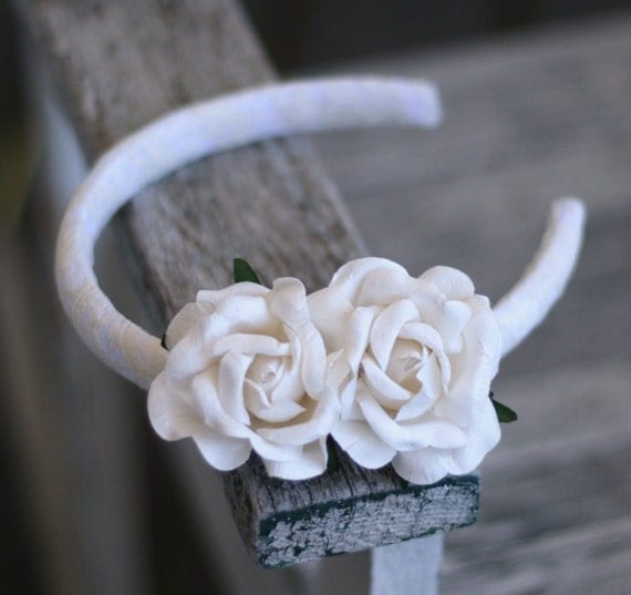 Rustic Woodland Vintage Inspired Head Band Hair Comb With Paper Roses Shabby Lace
