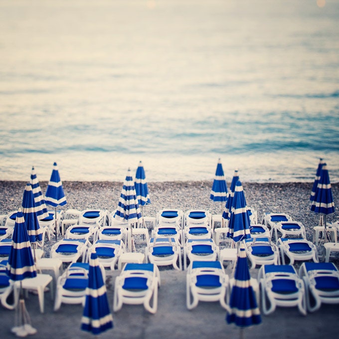 Azure - Beach photograph - Blue and white umbrellas in Nice, Cote D'Azur, France - Fine art print