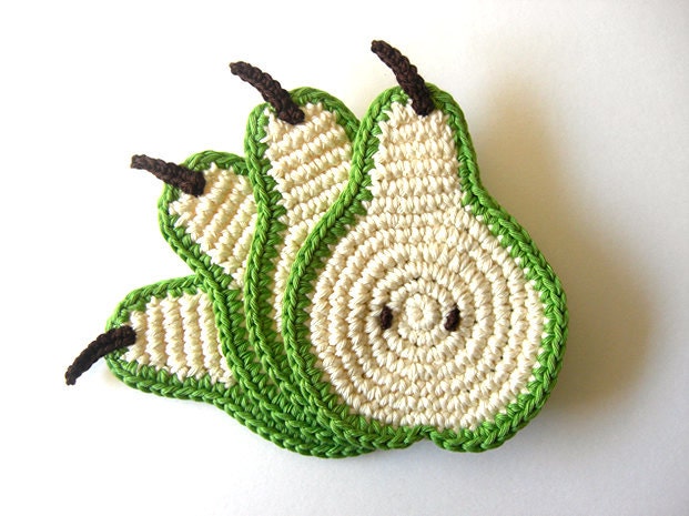 Green Pear Slice Coasters . Vegan Cream Beverage Drink Decor Crochet Fruit Collection Set of 4