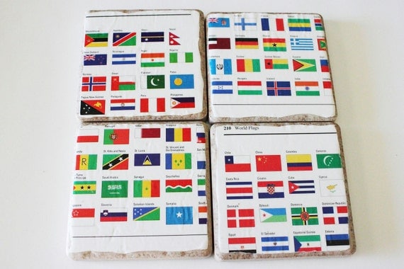 OOAK International Country Flag Travel Atlas Porcelain Drink Coasters SALE