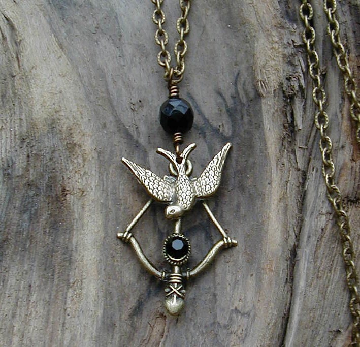 The Hunger Games  Inspired Bow and Arrow Necklace with Coal Black Crystals and Brass Mockingjay