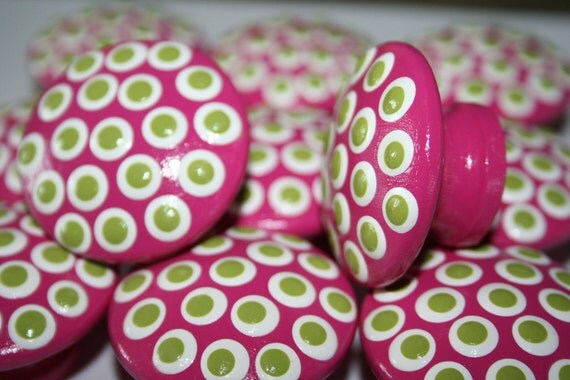 Pink with White and Lime Green Polka Dots Knob-Set of 6
