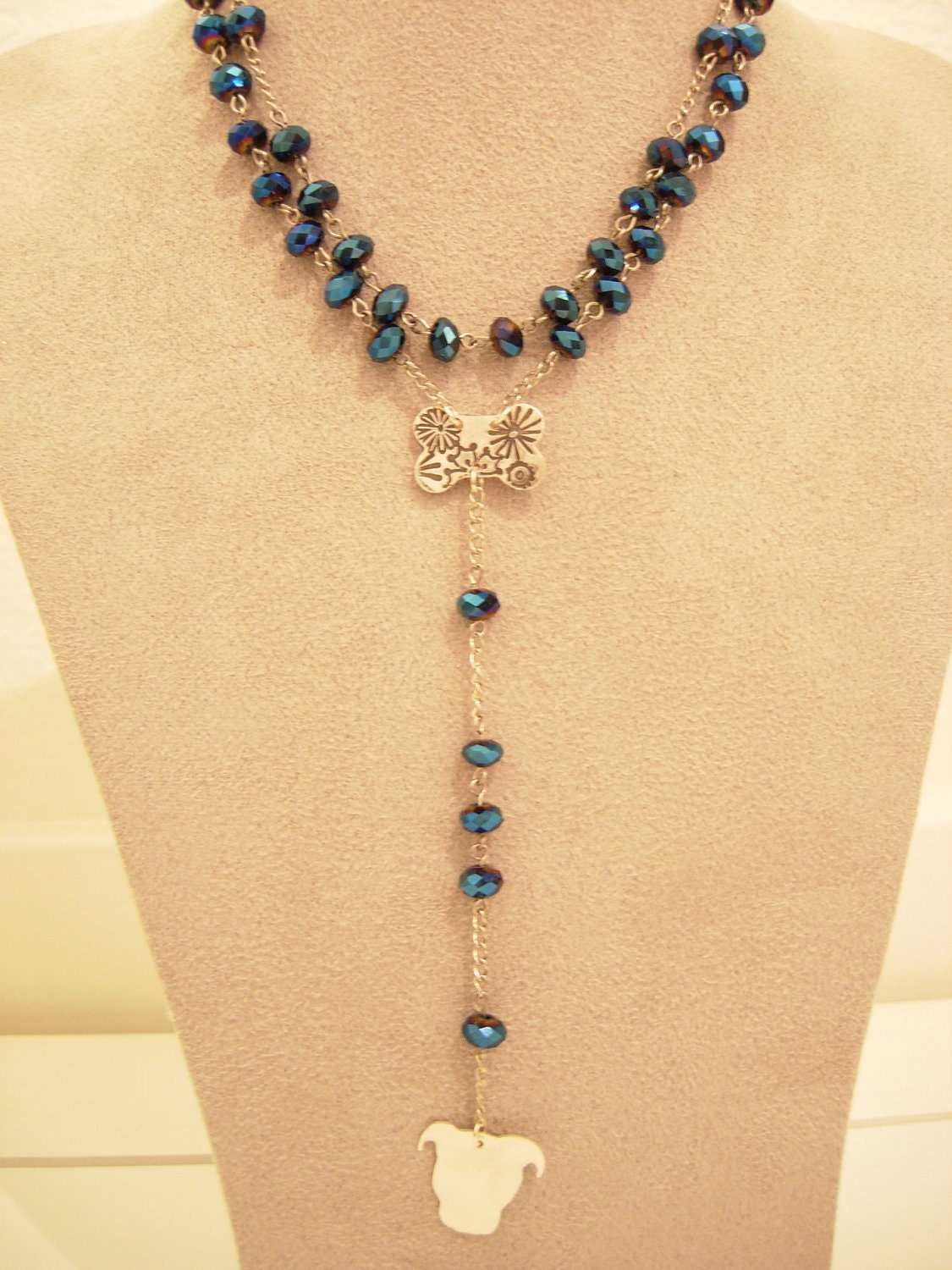 Crystal and Fine Silver Pit Bull Rosary Necklace