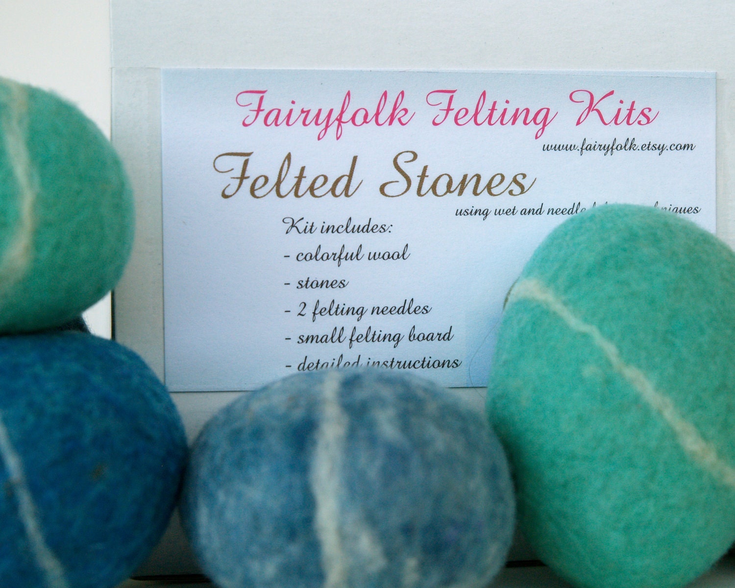 Felted Pebble Kit, Wool Felting Rocks Stone DIY Tutorial learn to New Hobby Crafting Craft Make your own Handmade Wet Beach Turquoise Blue