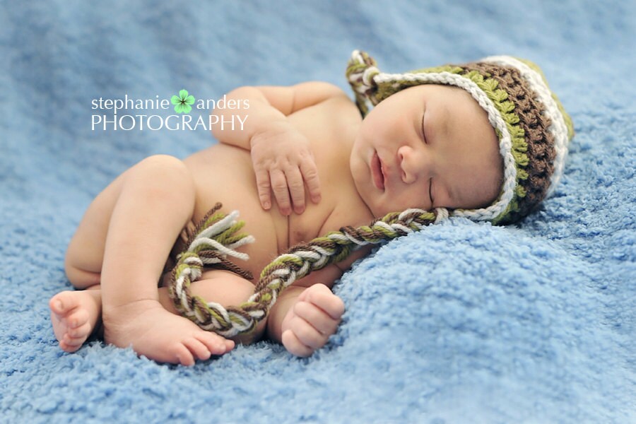 Rain Forest Baby Beanie- Green, Brown, Blue- photo prop