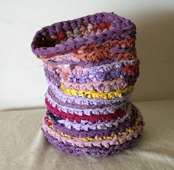 Upcycled rag crochet  tall basket -shades of purple with yellow plastic yarn