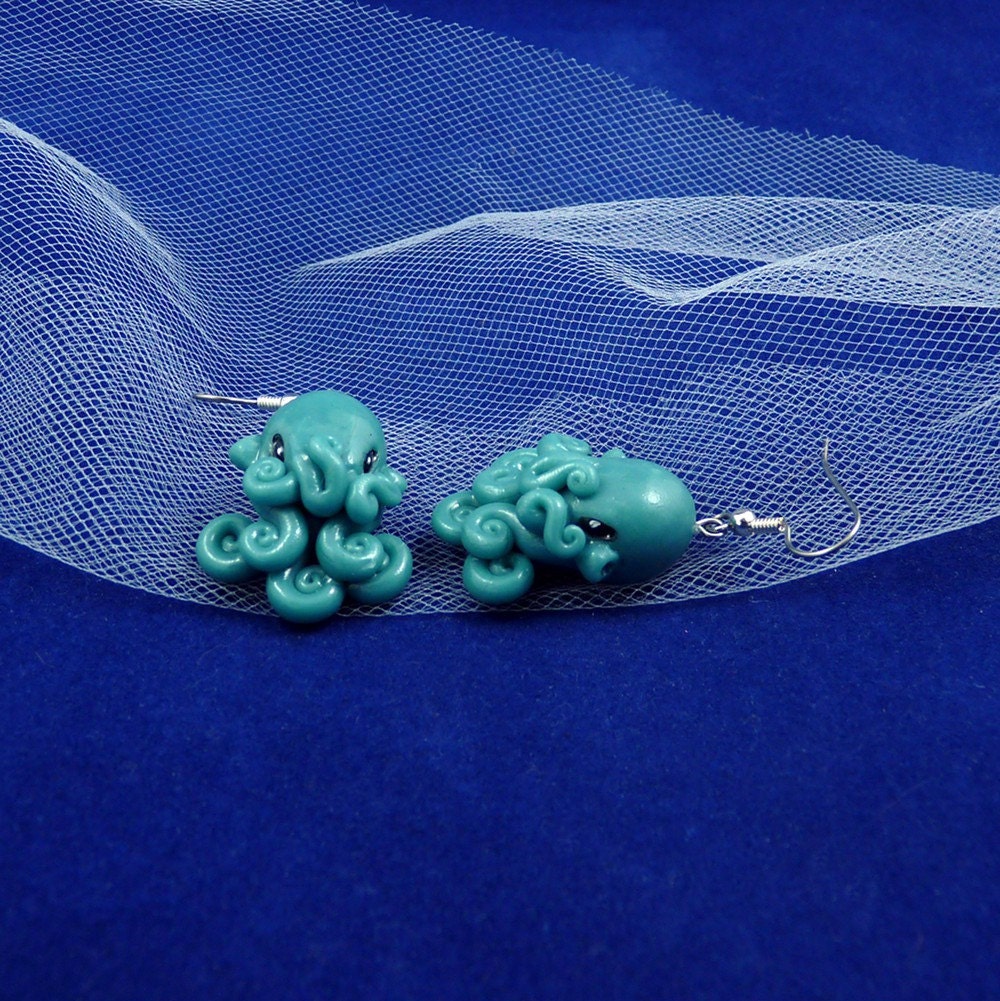 Tropical Sea Octopus Earrings - Blue Polymer Clay Kawaii Jewelry