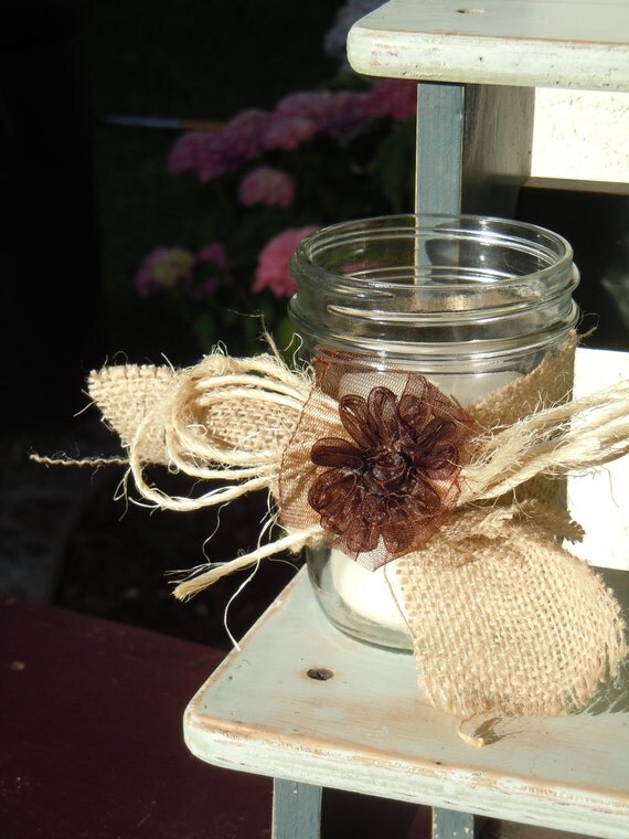 Burlap & Mason Jar Candle Holder/Vase, Parties, Shower, Wedding, Home Decor, Custom Options Bulk Order Available