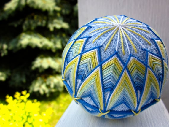 decorative ball home decor - hand embroidered - japanese temari thread ball - emerging