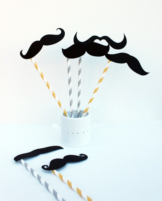 Paper Straw Photo Booth Props. Grey and Yellow Mustache on Straw Stick