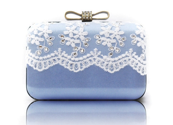 Bling Bling Chain Clutch Luxury Victorian Light Blue Bag White Lace Party