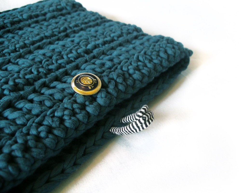 IPAD Petroleum Blue Crochet Sleeve with vintage button