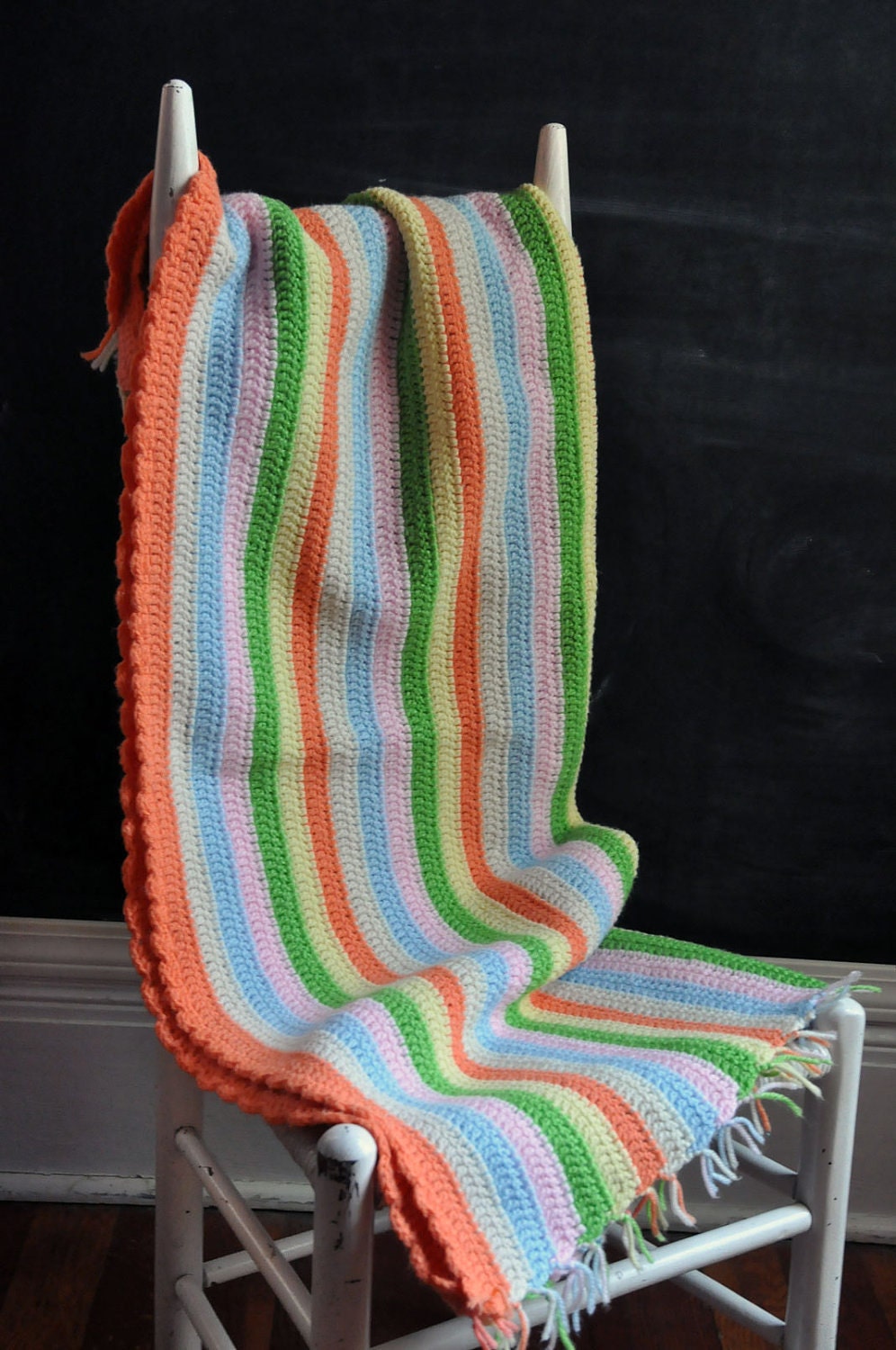 Vintage Crocheted Throw Afghan Blanket Sweet Sherbet Baby Striped