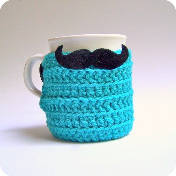 Coffee Mug Tea Cup Cozy funny Handlebar Mustache turquoise crochet handmade