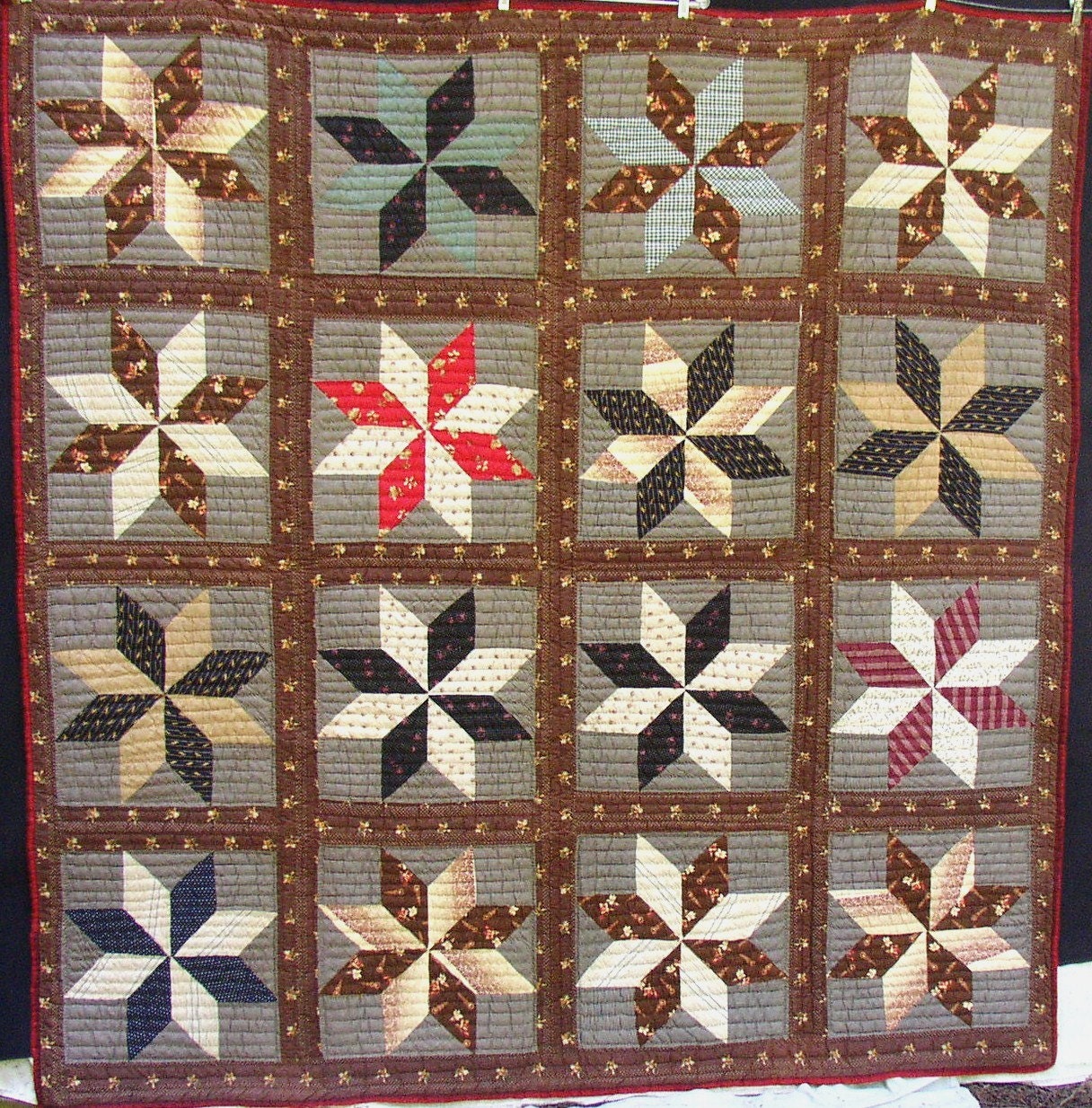 1890 s VINTAGE STAR QUILT, Graphic, Gorgeous,  Brown, Red, Black, hand sewn, homespun back, fab fabrics