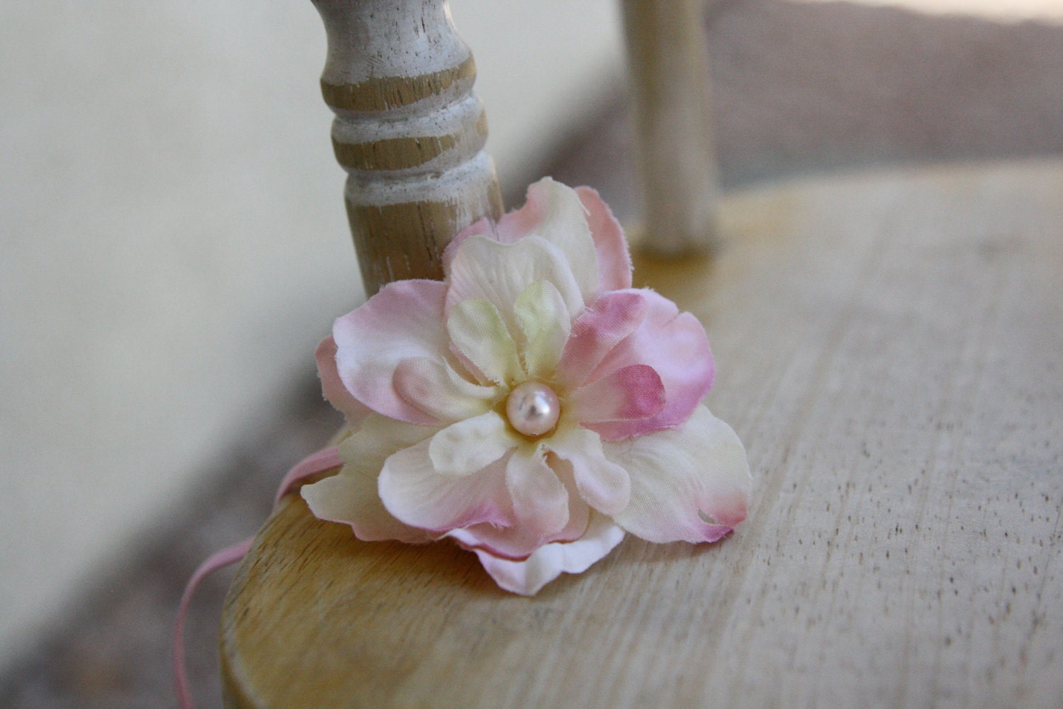 Shabby PInk, White, & Ivory Flower w/ Pearl Center upon a Pink Stretch Headband for Newborn, Baby, Toddler, Child, or Adult Great Photo Prop