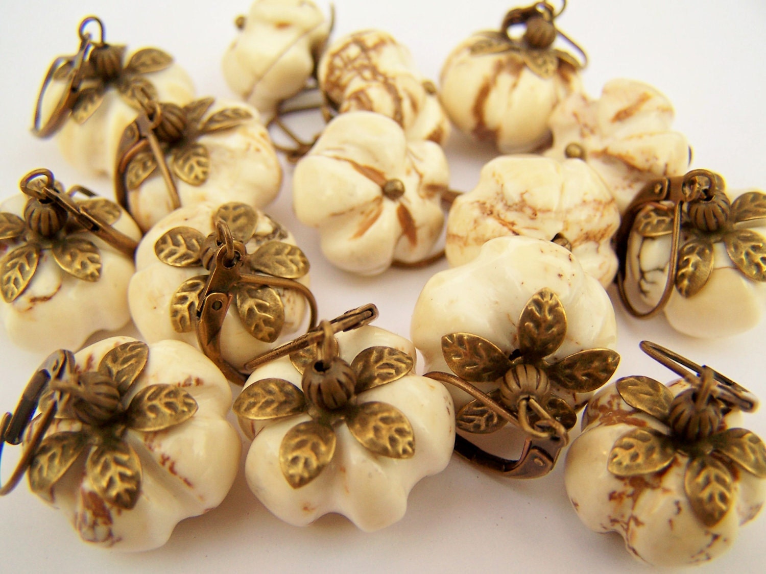 Ghost Pumpkin Earrings - Gourds - Natural White Stone Pumpkins & Brass Leverbacks