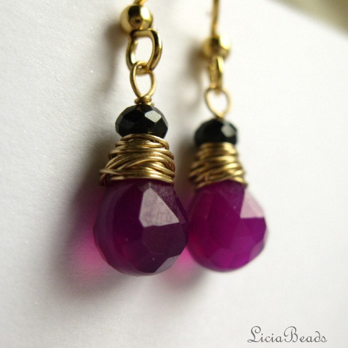 Wine Grapes - Chacledony briolettes and black spinel on plated gold metals