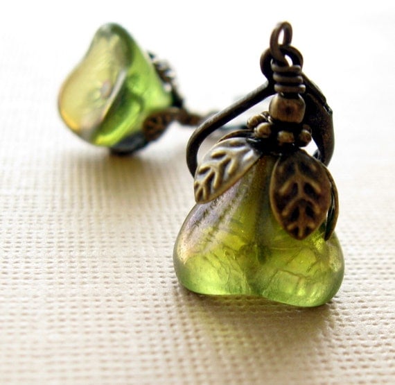 Golden Green Flower Earrings by TheBrassHussy on Etsy from etsy.com
