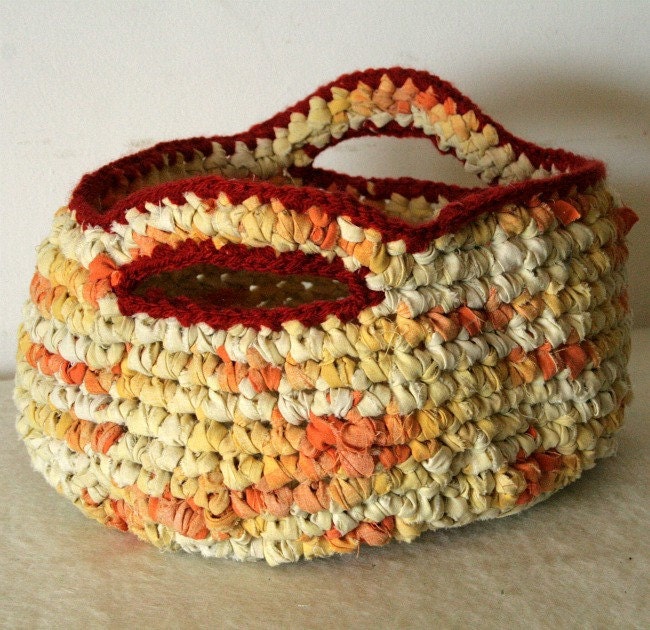 Rag basket - OOAK orange and yellow reused fabric large,with handles