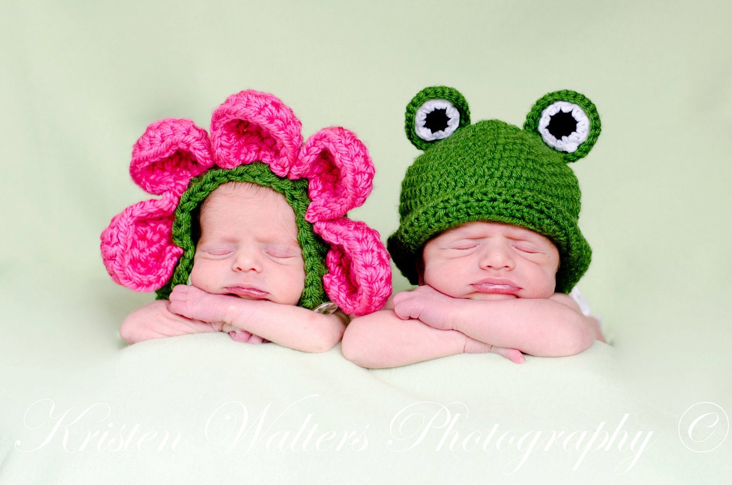 Crochet Princess and Frog Flower Bonnet and Frog Hat Twin Set- Photography prop