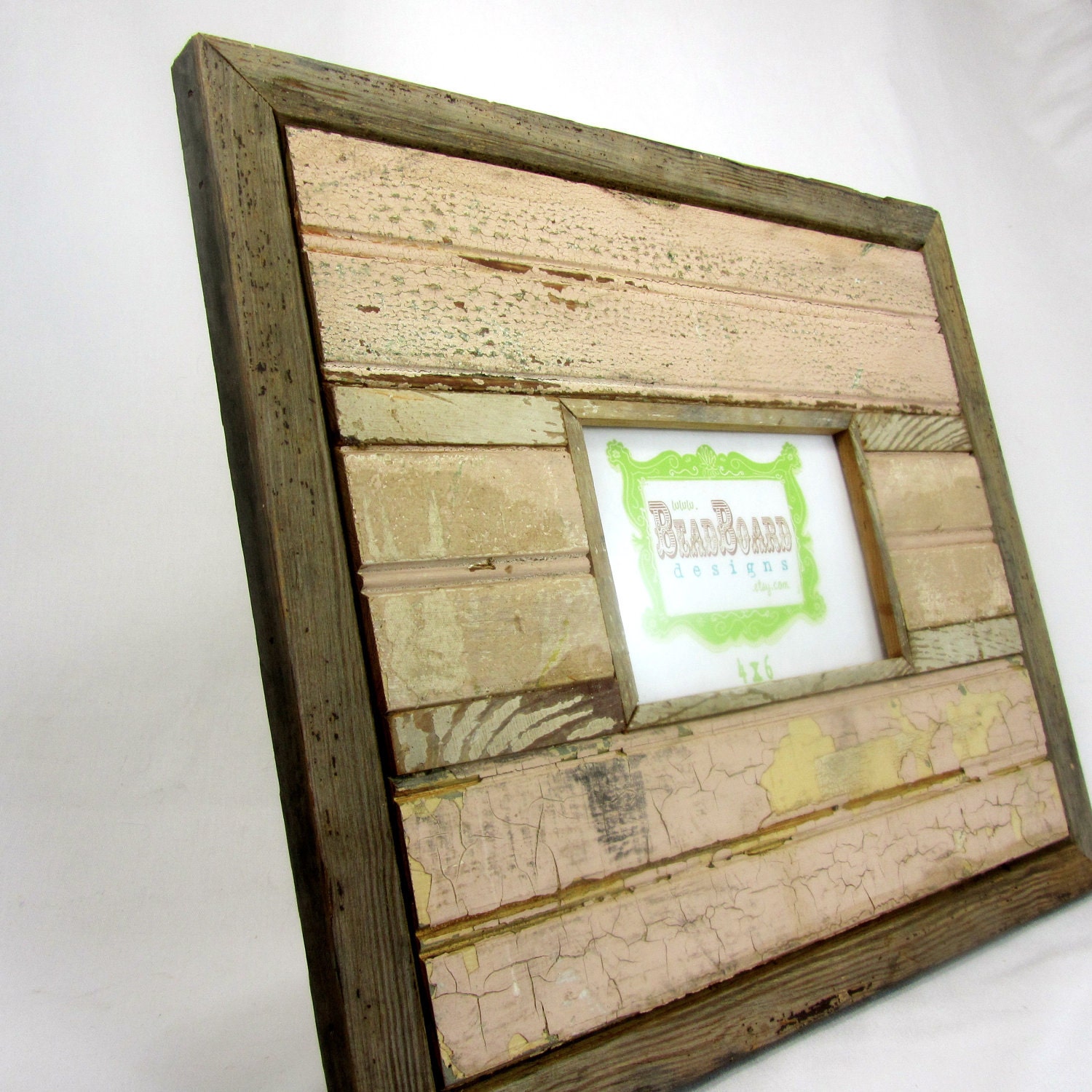 Reclaimed wood picture frame - pale pink, antique white, and brown - 4x6