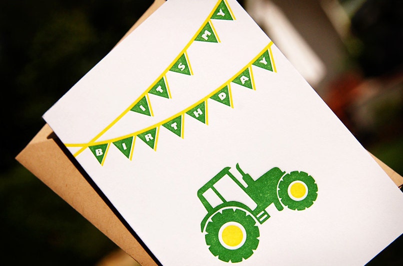 Letterpress Birthday Invitations, Tractor - set of 8