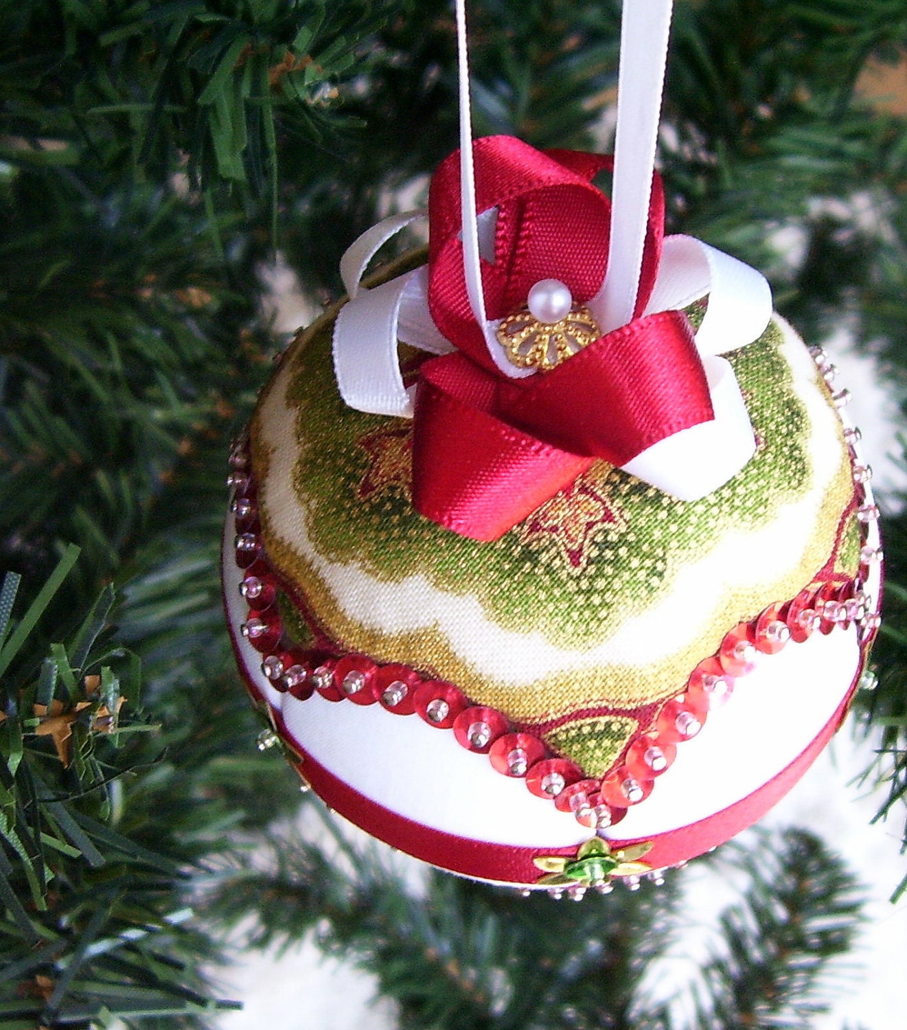 Red, White and Green Sequined Fabric Christmas Ornament