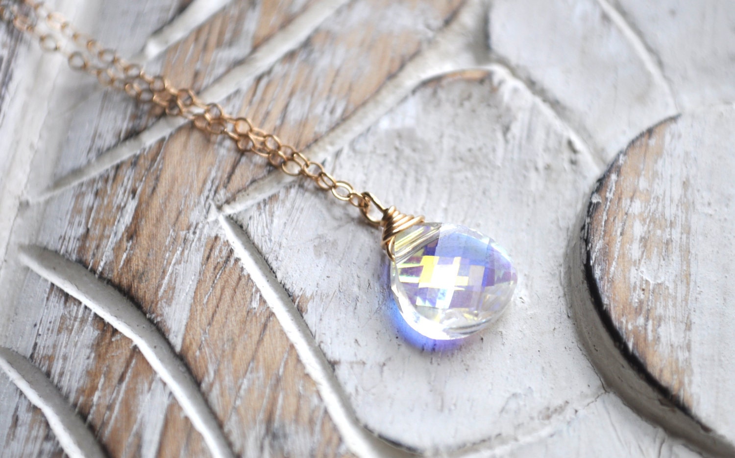 Sunlight Necklace - swarovski crystal briolette gold filled aurora borealis sparkle - simple dainty jewelry - adencreations