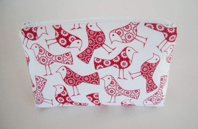 Boutique Style Zippered Makeup Bag  Lovely Red Birds