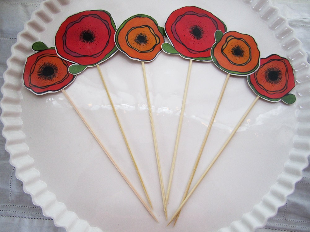 Poppy Cupcake Toppers - Colorful Flower Blooms Orange and  Red Wedding Decor