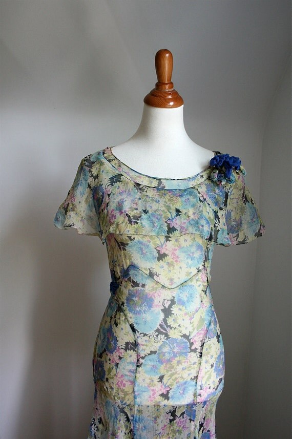 Vintage 1930s Dress Blue Sheer Floral Chiffon w. Capelet Collar