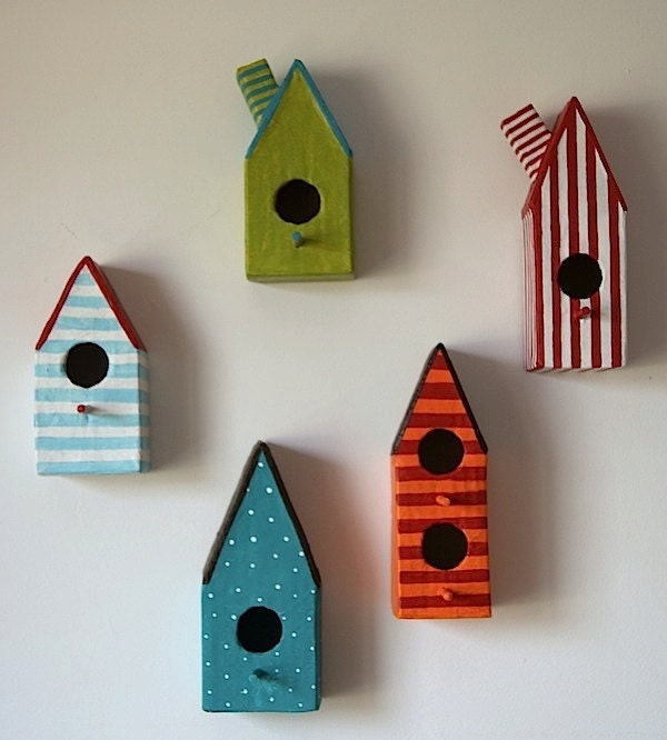 Five Paper Mache Little Bird Houses