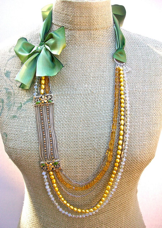 Yellow Tundra- tie necklace made with reclaimed jewelry parts and Czech Glass beads